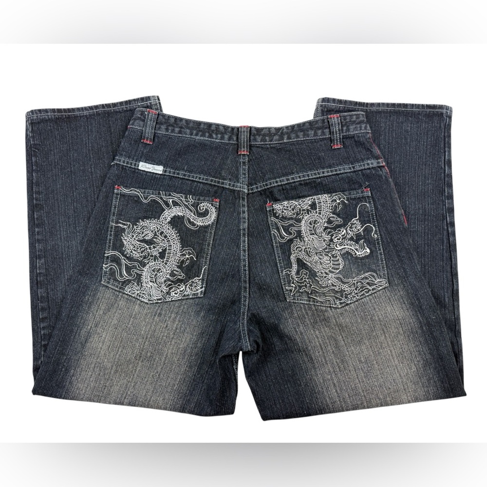 Vtg Paco Jeans Mens 34 x 30 Baggy Wide Leg Pants Blue Skater Embroidered Dragon